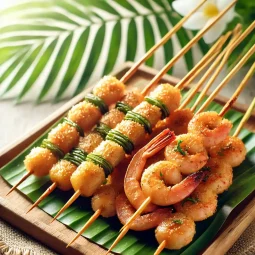 Balinese seafood satay on lemon grass TLM Blog Xiên hải sản nướng vàng ruộm trên cọng sả tươi | Món đặc sản đường phố kiểu Bali