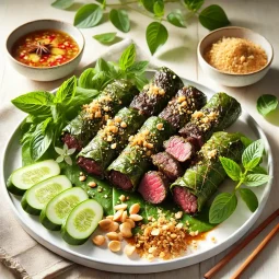 Beef Wrapped in Betel Leaves TLM Blog Bò lá lốt nướng thơm lừng cuộn đẹp mắt trên đĩa sứ trắng