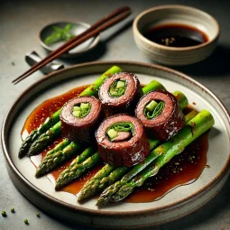 Beef and Asparagus Rolls TLM Blog Miếng bò cuộn măng tây áp chảo vàng nâu bày trên đĩa cùng nước sốt