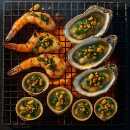 GrilledSeafoodwithScallionOil TLM Blog Đĩa hải sản nướng mỡ hành với sò điệp và hành lá xanh tươi