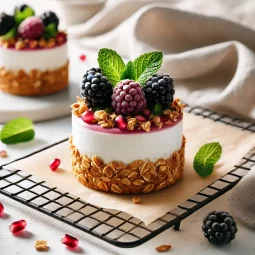 Pomegranate and frozen yogurt cheesecakes TLM Blog Miếng cheesecake sữa chua lựu đỏ với lớp kem trắng mịn và topping lựu đỏ