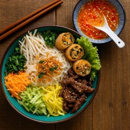 Vermicelles de riz au boeuf TLM Blog Tô bún bò nướng với thịt bò nướng vàng và rau sống tươi ngon